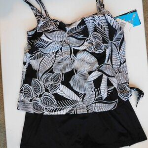 Maxine of Hollywood Azul Swim Dress Skirt Black White Tropical One-Piece NWT